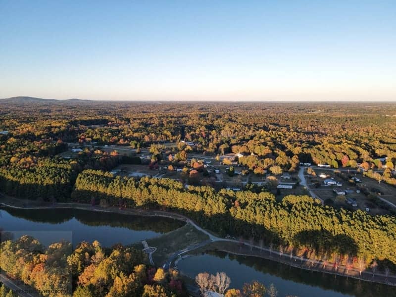 An aerial view of a town and a river.