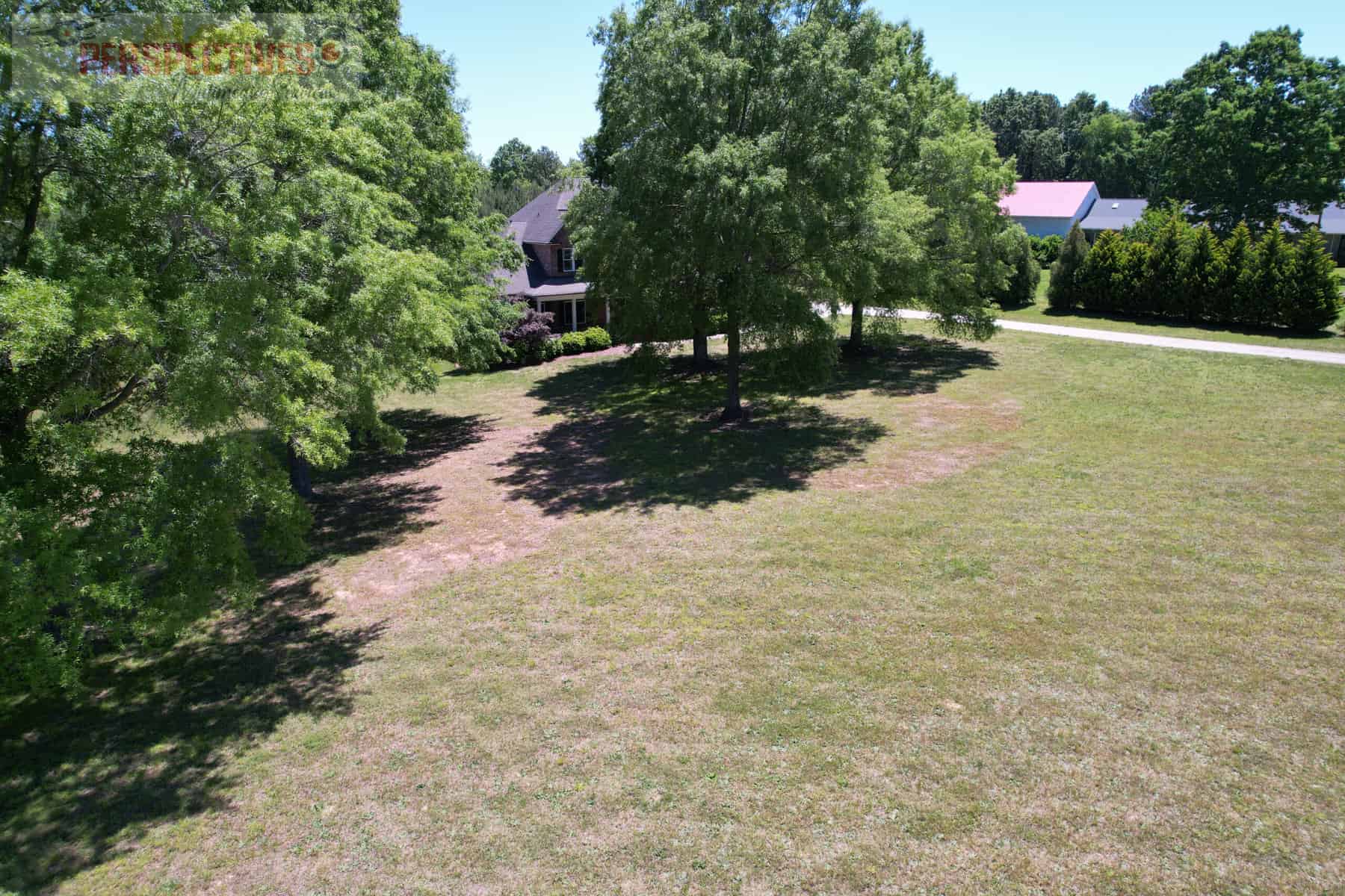 A large grassy area with trees and a house.