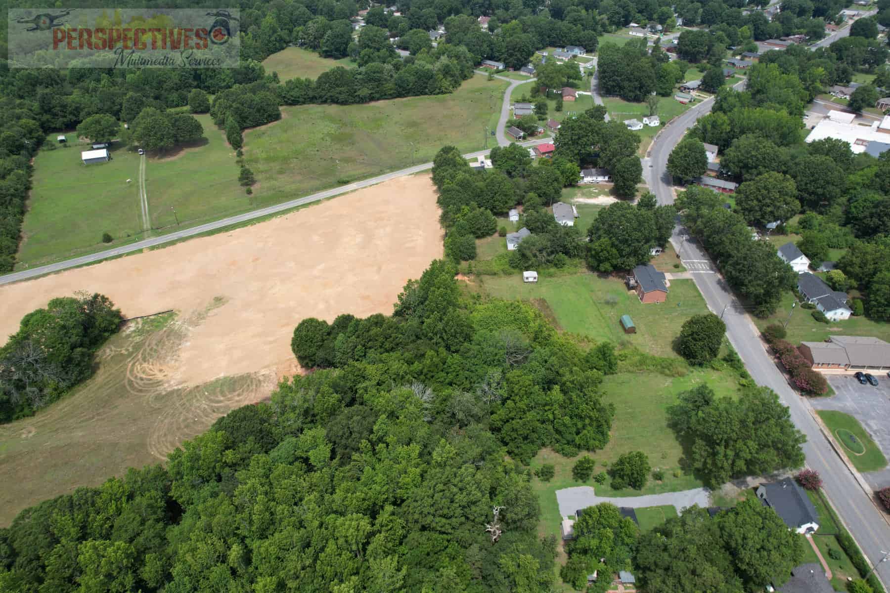 An aerial view of a neighborhood.