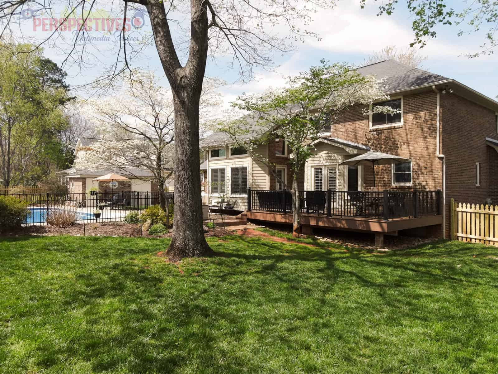 A house with a tree in the back yard.