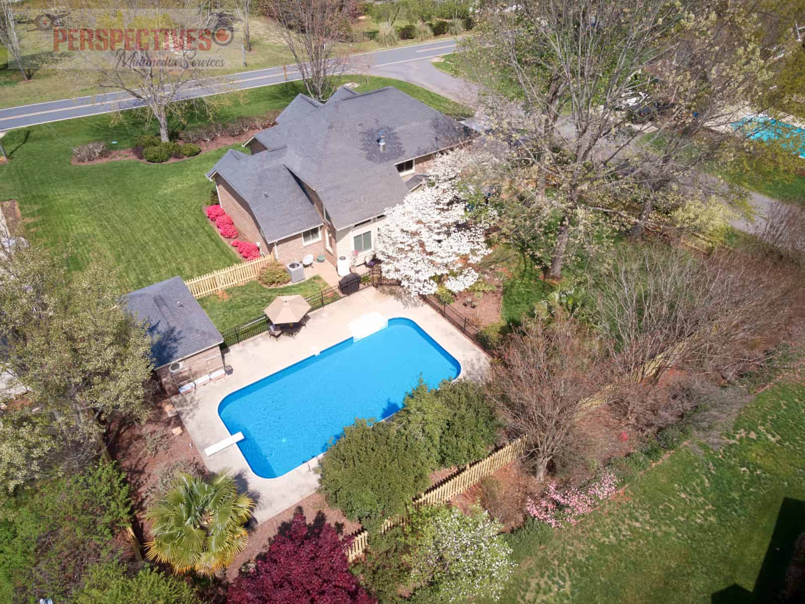 A house with a pool and trees.