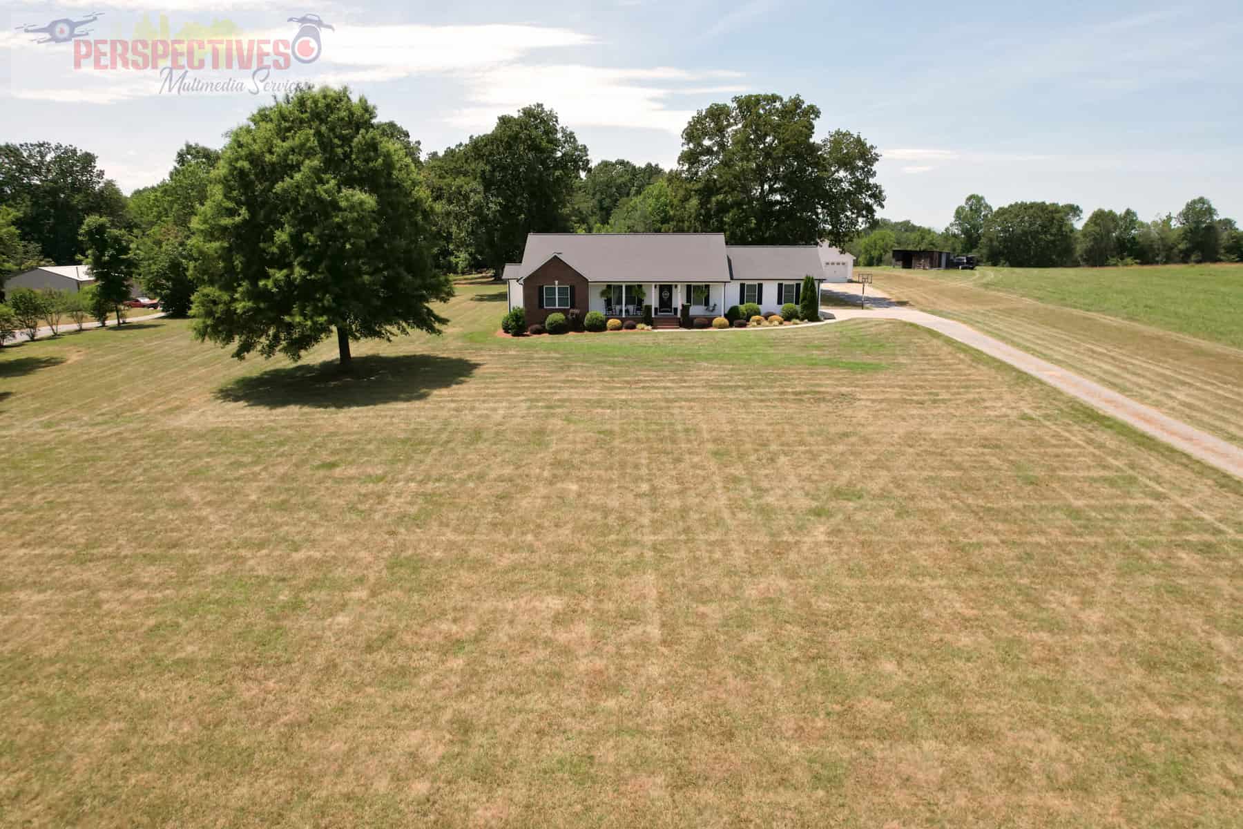 A house with a tree in the middle of a field.