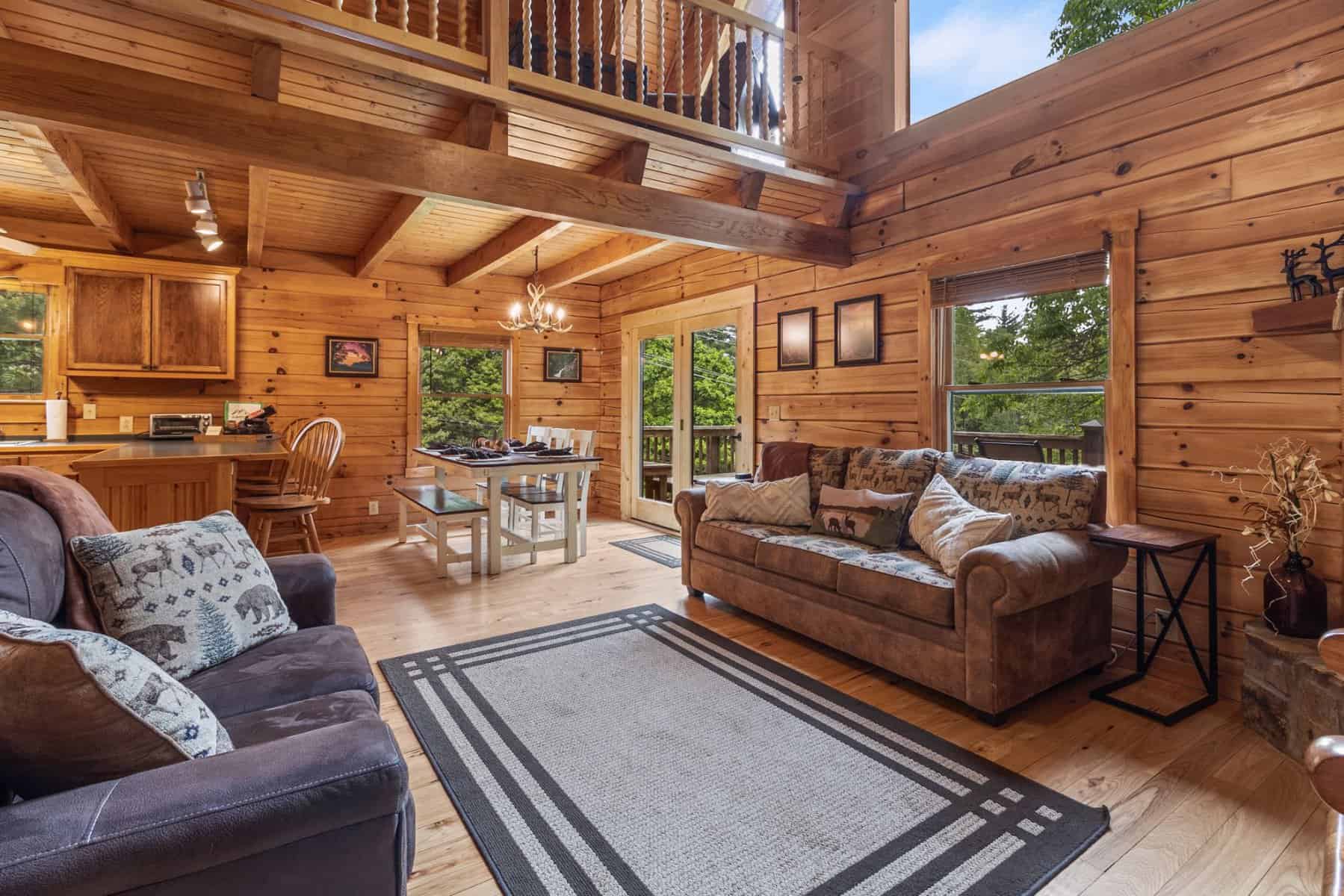 The living room of a log cabin in pigeon forge, tennessee.