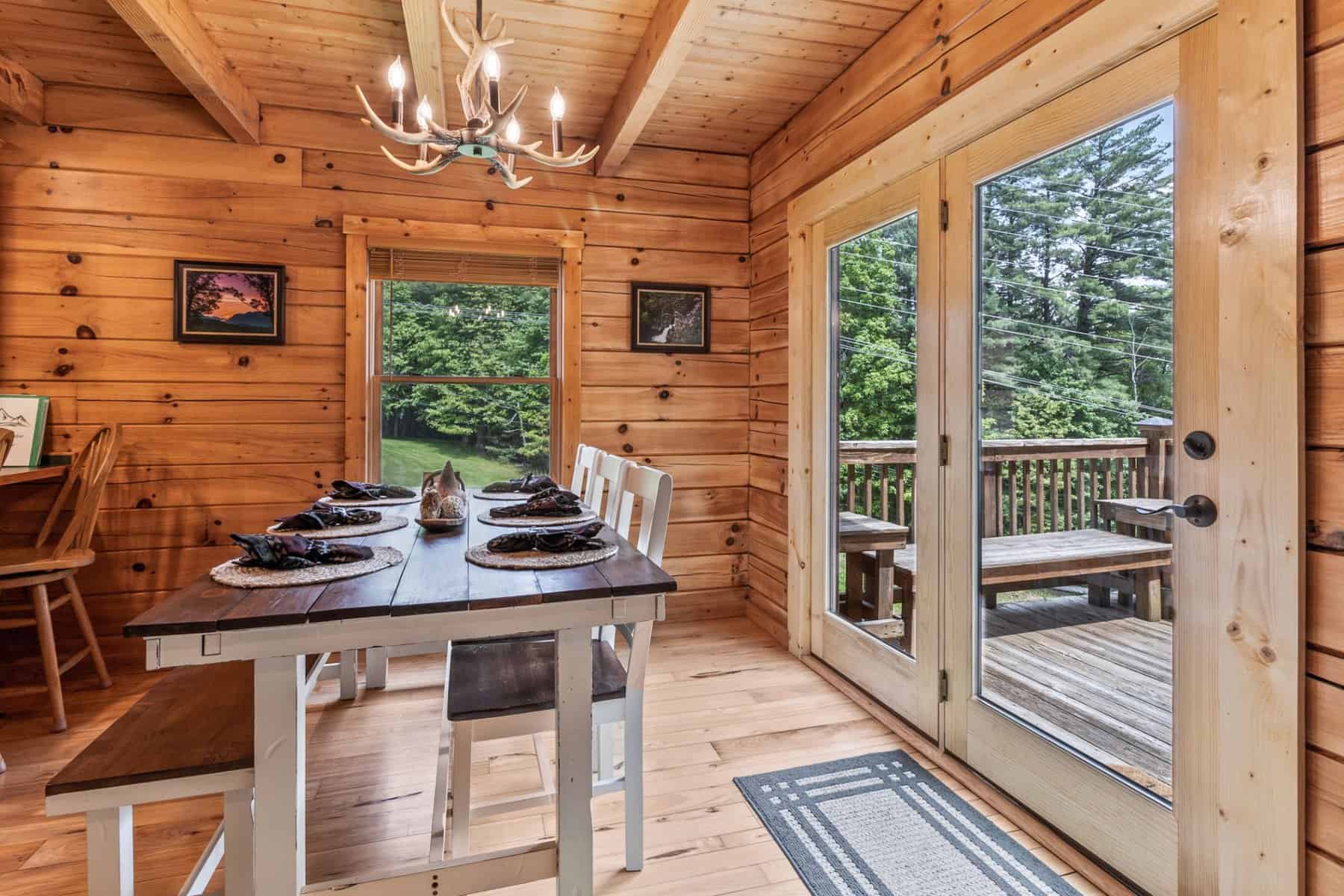 A dining table and chairs in a cabin.