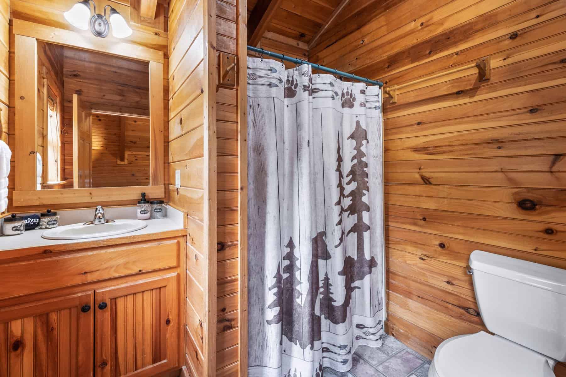 A bathroom in a log cabin with a toilet and shower.