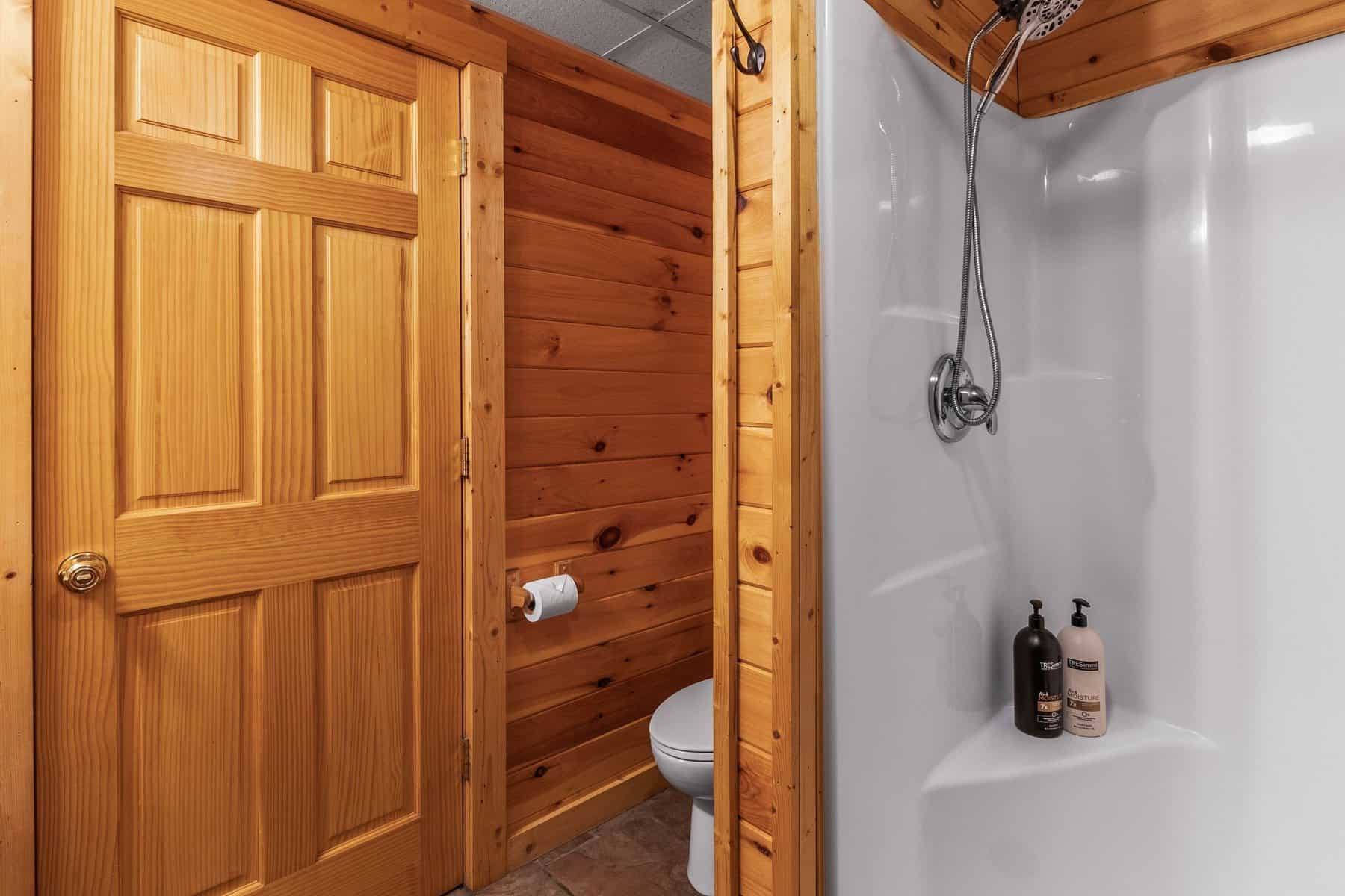 A bathroom with a shower and toilet in a log cabin.