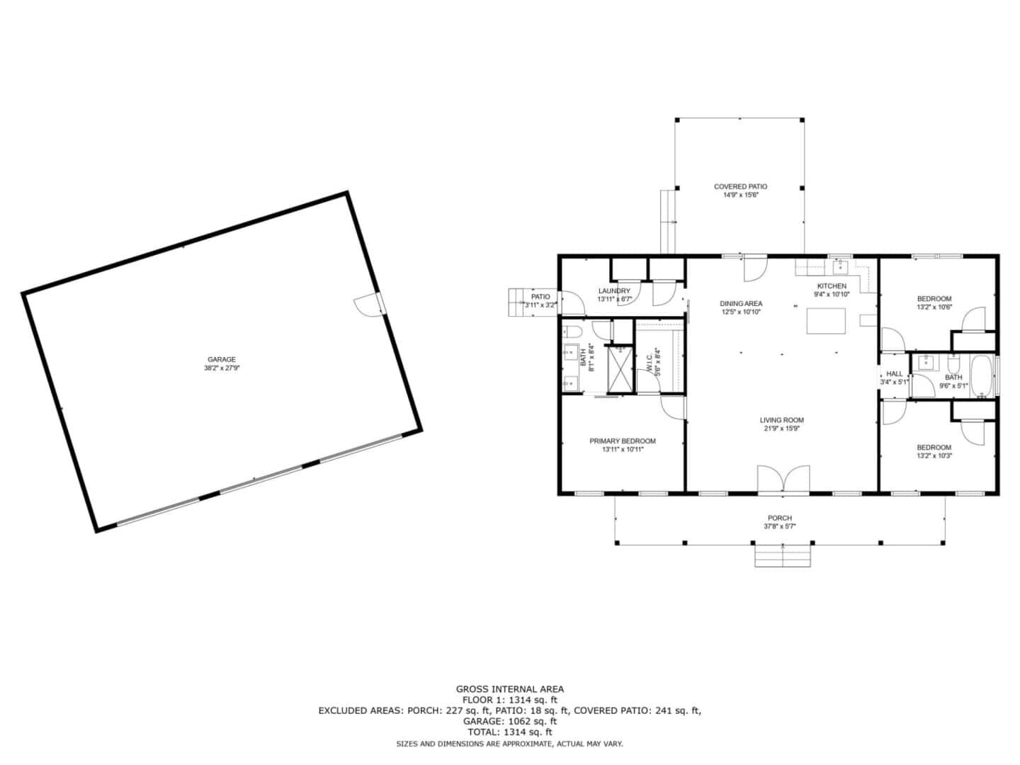 A floor plan for a house with two bedrooms and two bathrooms.