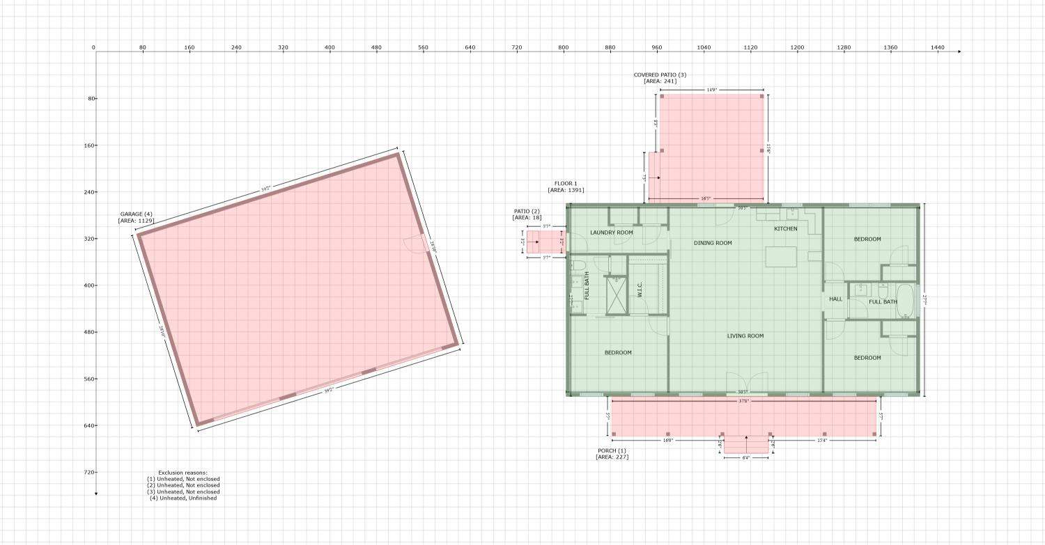 A floor plan for a house with two bedrooms and two bathrooms.