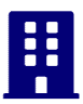 A blue building icon on a white background.