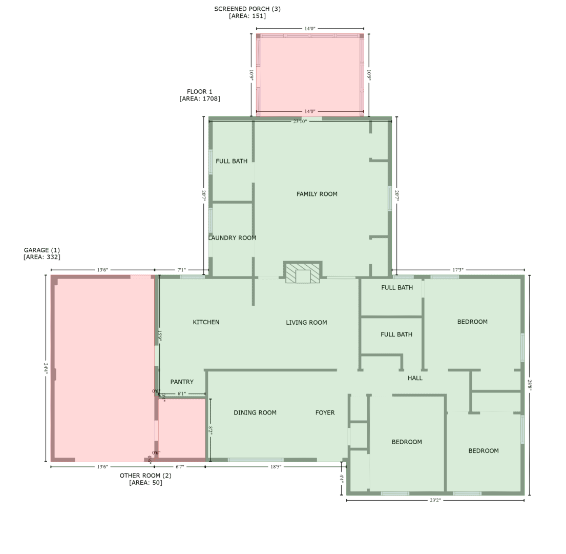 A floor plan of a house with two bedrooms and two bathrooms.